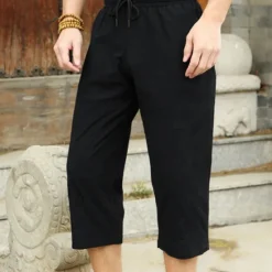 Outlet OUKU Men's Linen Pants Summer Pants Beach Pants Pocket Drawstring Elastic Waist Plain Comfort Breathable Calf-Length Vacation Daily Holiday Hawaiian Boho Black White
