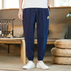 Best OUKU Men's Linen Pants Summer Pants Casual Pants Embroidered Solid Color Comfort Breathable Full Length Daily Casual Loose Fit Deep Blue Grey Inelastic