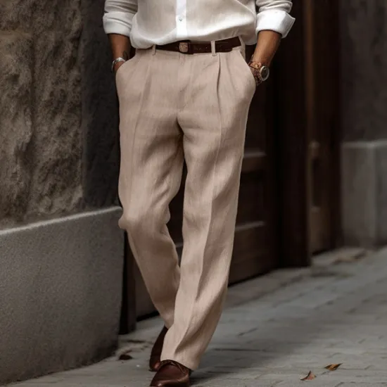 New OUKU Men's Linen Pants Summer Pants Buttons Front Pocket Straight Leg Plain Comfort Breathable Casual Daily Holiday Fashion Basic Black White