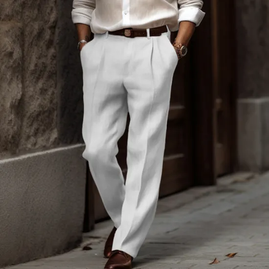 New OUKU Men's Linen Pants Summer Pants Buttons Front Pocket Straight Leg Plain Comfort Breathable Casual Daily Holiday Fashion Basic Black White