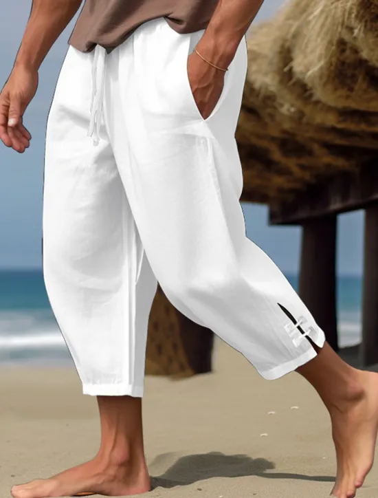 Discount OUKU Men's Linen Pants Summer Pants Cropped Pants Beach Pants Drawstring Elastic Waist Plain Comfort Breathable Calf-Length Casual Daily Holiday Fashion Classic Style Black White