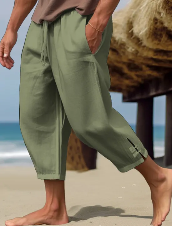 Discount OUKU Men's Linen Pants Summer Pants Cropped Pants Beach Pants Drawstring Elastic Waist Plain Comfort Breathable Calf-Length Casual Daily Holiday Fashion Classic Style Black White