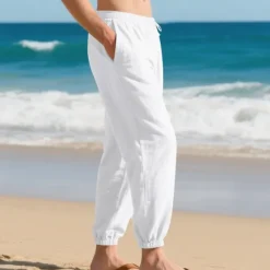 New OUKU Men's Linen Pants Trousers Summer Pants Beach Pants Pocket Drawstring Elastic Waist Plain Comfort Breathable Vacation Daily Holiday Hawaiian Boho Black White