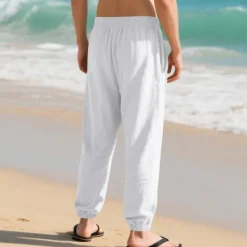 New OUKU Men's Linen Pants Trousers Summer Pants Beach Pants Pocket Drawstring Elastic Waist Plain Comfort Breathable Vacation Daily Holiday Hawaiian Boho Black White