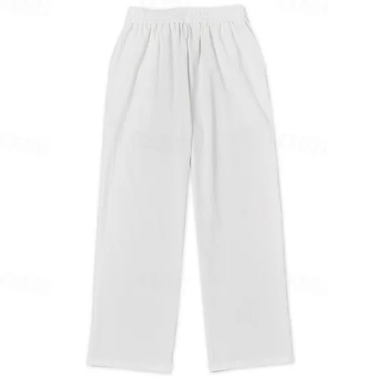 Online OUKU Men's Linen Pants Trousers Summer Pants Baggy Pants Drawstring Elastic Waist Straight Leg Plain Comfort Breathable Full Length Home Yoga Holiday Fashion Streetwear Black White