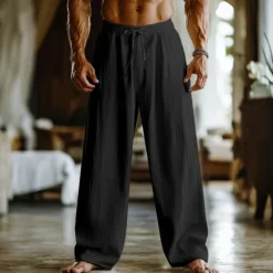 Online OUKU Men's Linen Pants Trousers Summer Pants Baggy Pants Drawstring Elastic Waist Straight Leg Plain Comfort Breathable Full Length Home Yoga Holiday Fashion Streetwear Black White