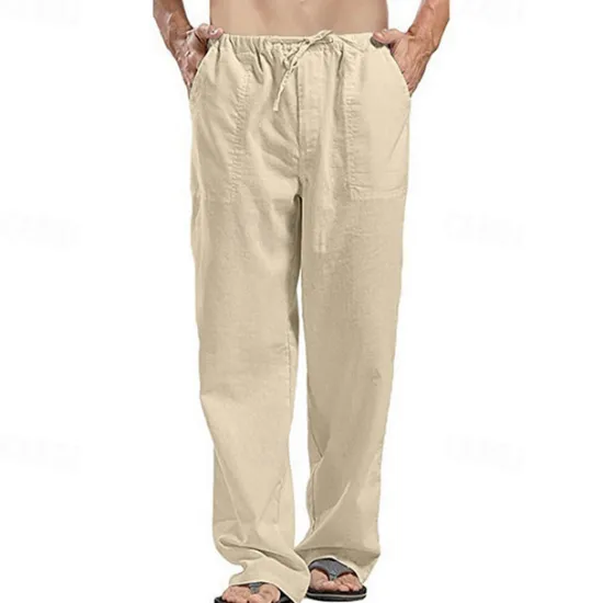 Clearance OUKU Men's Linen Pants Trousers Summer Pants Beach Pants Pocket Drawstring Elastic Waistband Plain Comfort Breathable Full Length Daily Streetwear Fashion Casual / Sporty Loose Fit Dark Khaki Black