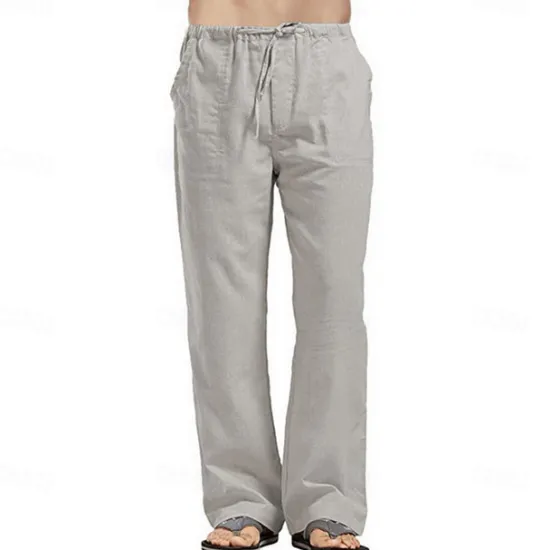 Clearance OUKU Men's Linen Pants Trousers Summer Pants Beach Pants Pocket Drawstring Elastic Waistband Plain Comfort Breathable Full Length Daily Streetwear Fashion Casual / Sporty Loose Fit Dark Khaki Black
