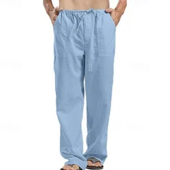 Clearance OUKU Men's Linen Pants Trousers Summer Pants Beach Pants Pocket Drawstring Elastic Waistband Plain Comfort Breathable Full Length Daily Streetwear Fashion Casual / Sporty Loose Fit Dark Khaki Black