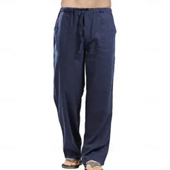 Clearance OUKU Men's Linen Pants Trousers Summer Pants Beach Pants Pocket Drawstring Elastic Waistband Plain Comfort Breathable Full Length Daily Streetwear Fashion Casual / Sporty Loose Fit Dark Khaki Black