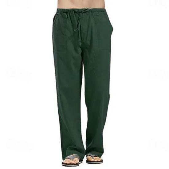 Clearance OUKU Men's Linen Pants Trousers Summer Pants Beach Pants Pocket Drawstring Elastic Waistband Plain Comfort Breathable Full Length Daily Streetwear Fashion Casual / Sporty Loose Fit Dark Khaki Black