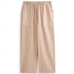 Clearance OUKU Men's Linen Pants Trousers Summer Pants Beach Pants Pocket Drawstring Elastic Waistband Plain Comfort Breathable Full Length Daily Streetwear Fashion Casual / Sporty Loose Fit Dark Khaki Black