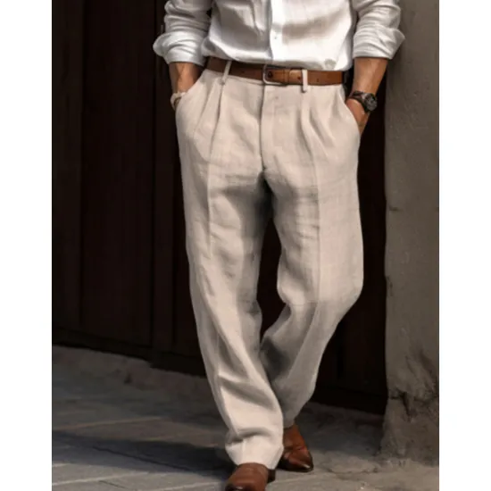 Online OUKU Men's Linen Pants Trousers Summer Pants Pleated Pants Dress Slacks Front Pocket Straight Leg Plain Comfort Breathable Casual Daily Holiday Fashion Basic Black White