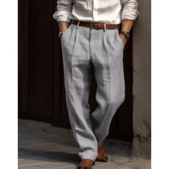 Online OUKU Men's Linen Pants Trousers Summer Pants Pleated Pants Dress Slacks Front Pocket Straight Leg Plain Comfort Breathable Casual Daily Holiday Fashion Basic Black White