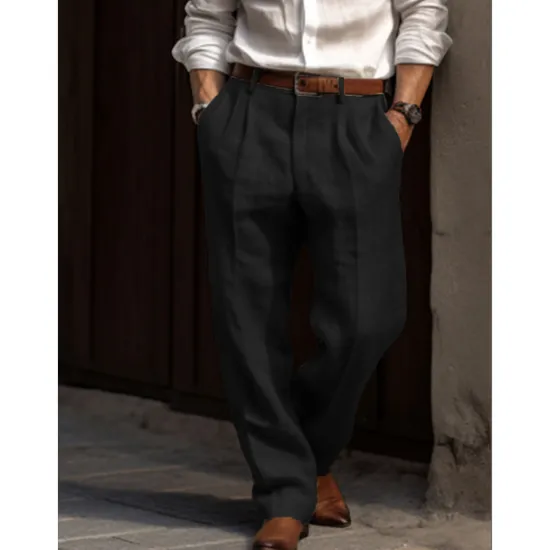 Online OUKU Men's Linen Pants Trousers Summer Pants Pleated Pants Dress Slacks Front Pocket Straight Leg Plain Comfort Breathable Casual Daily Holiday Fashion Basic Black White