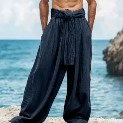 Outlet OUKU Men's Linen Pants Trousers Summer Pants Drawstring Elastic Waist Wide Leg Plain Comfort Breathable Full Length Casual Daily Holiday Fashion Classic Style Loose Fit White Navy Blue Micro-elastic