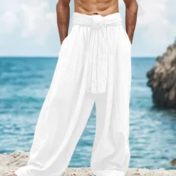 Outlet OUKU Men's Linen Pants Trousers Summer Pants Drawstring Elastic Waist Wide Leg Plain Comfort Breathable Full Length Casual Daily Holiday Fashion Classic Style Loose Fit White Navy Blue Micro-elastic