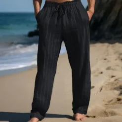 Clearance OUKU Men's Linen Pants Trousers Summer Pants Beach Pants Elastic Waist Drawstring Straight Leg Stripe Comfort Breathable Full Length Casual Daily Holiday Vacation Fashion Black White