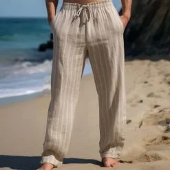 Clearance OUKU Men's Linen Pants Trousers Summer Pants Beach Pants Elastic Waist Drawstring Straight Leg Stripe Comfort Breathable Full Length Casual Daily Holiday Vacation Fashion Black White