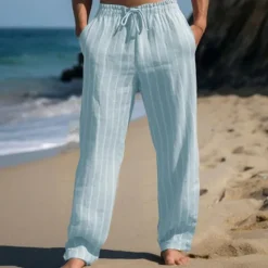 Clearance OUKU Men's Linen Pants Trousers Summer Pants Beach Pants Elastic Waist Drawstring Straight Leg Stripe Comfort Breathable Full Length Casual Daily Holiday Vacation Fashion Black White