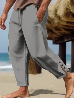 Online OUKU Men's Linen Pants Trousers Summer Pants Beach Pants Buttons Drawstring Elastic Waist Plain Comfort Breathable Full Length Casual Daily Holiday Fashion Classic Style White Blue