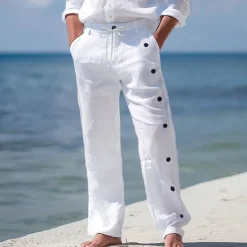 Clearance OUKU Men's Linen Pants Trousers Summer Pants Beach Pants Drawstring Side Button Straight Leg Plain Comfort Breathable Full Length Casual Daily Holiday Fashion Classic Style Black White