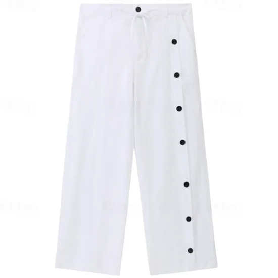 Clearance OUKU Men's Linen Pants Trousers Summer Pants Beach Pants Drawstring Side Button Straight Leg Plain Comfort Breathable Full Length Casual Daily Holiday Fashion Classic Style Black White