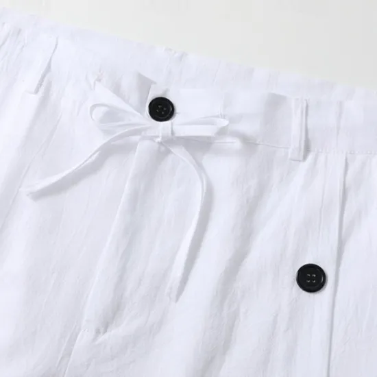 Clearance OUKU Men's Linen Pants Trousers Summer Pants Beach Pants Drawstring Side Button Straight Leg Plain Comfort Breathable Full Length Casual Daily Holiday Fashion Classic Style Black White