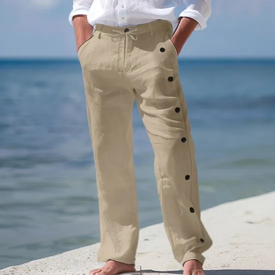 Clearance OUKU Men's Linen Pants Trousers Summer Pants Beach Pants Drawstring Side Button Straight Leg Plain Comfort Breathable Full Length Casual Daily Holiday Fashion Classic Style Black White