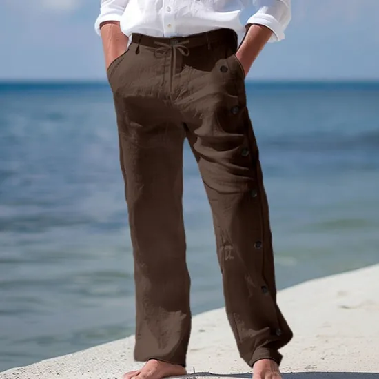 Clearance OUKU Men's Linen Pants Trousers Summer Pants Beach Pants Drawstring Side Button Straight Leg Plain Comfort Breathable Full Length Casual Daily Holiday Fashion Classic Style Black White