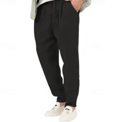 Clearance OUKU Men's Linen Pants Trousers Summer Pants Beach Pants Pocket Drawstring Elastic Waist Plain Comfort Breathable Vacation Daily Holiday Hawaiian Boho Black White