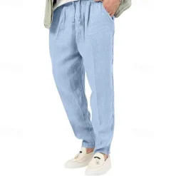 Clearance OUKU Men's Linen Pants Trousers Summer Pants Beach Pants Pocket Drawstring Elastic Waist Plain Comfort Breathable Vacation Daily Holiday Hawaiian Boho Black White