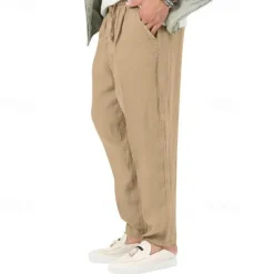 Clearance OUKU Men's Linen Pants Trousers Summer Pants Beach Pants Pocket Drawstring Elastic Waist Plain Comfort Breathable Vacation Daily Holiday Hawaiian Boho Black White