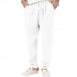 Clearance OUKU Men's Linen Pants Trousers Summer Pants Beach Pants Pocket Drawstring Elastic Waist Plain Comfort Breathable Vacation Daily Holiday Hawaiian Boho Black White
