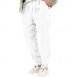 Clearance OUKU Men's Linen Pants Trousers Summer Pants Beach Pants Pocket Drawstring Elastic Waist Plain Comfort Breathable Vacation Daily Holiday Hawaiian Boho Black White