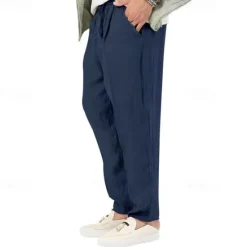 Clearance OUKU Men's Linen Pants Trousers Summer Pants Beach Pants Pocket Drawstring Elastic Waist Plain Comfort Breathable Vacation Daily Holiday Hawaiian Boho Black White