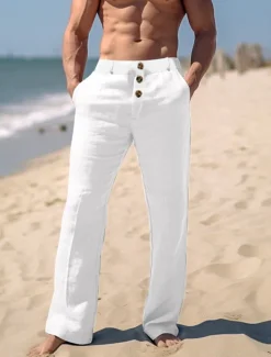 Hot OUKU Men's Linen Pants Trousers Summer Pants Beach Pants Front Pocket Straight Leg Plain Comfort Breathable Casual Daily Holiday Fashion Basic Black White