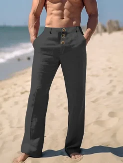 Hot OUKU Men's Linen Pants Trousers Summer Pants Beach Pants Front Pocket Straight Leg Plain Comfort Breathable Casual Daily Holiday Fashion Basic Black White