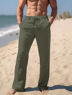 Hot OUKU Men's Linen Pants Trousers Summer Pants Beach Pants Front Pocket Straight Leg Plain Comfort Breathable Casual Daily Holiday Fashion Basic Black White