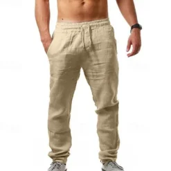 Hot OUKU Men's Linen Pants Trousers Beach Pants Pocket Drawstring Elastic Waistband Plain Comfort Breathable Daily Stylish Hip Hop Light Khaki Black Micro-elastic