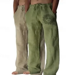Outlet OUKU Men's Linen Pants Trousers Summer Pants Baggy Pants Beach Pants Elastic Waist Drawstring Straight Leg Graphic Sun Soft Outdoor Full Length Outdoor Home Casual Fashion Streetwear Light gray+blue Light