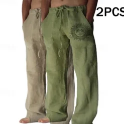 Outlet OUKU Men's Linen Pants Trousers Summer Pants Baggy Pants Beach Pants Elastic Waist Drawstring Straight Leg Graphic Sun Soft Outdoor Full Length Outdoor Home Casual Fashion Streetwear Light gray+blue Light