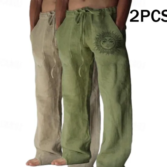 Outlet OUKU Men's Linen Pants Trousers Summer Pants Baggy Pants Beach Pants Elastic Waist Drawstring Straight Leg Graphic Sun Soft Outdoor Full Length Outdoor Home Casual Fashion Streetwear Light gray+blue Light