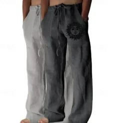 Outlet OUKU Men's Linen Pants Trousers Summer Pants Baggy Pants Beach Pants Elastic Waist Drawstring Straight Leg Graphic Sun Soft Outdoor Full Length Outdoor Home Casual Fashion Streetwear Light gray+blue Light