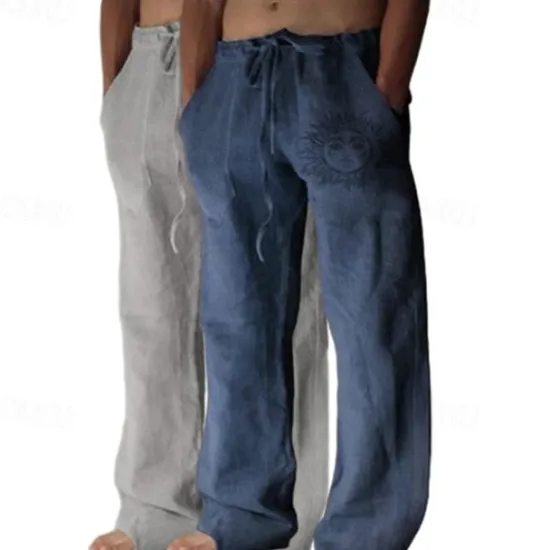 Outlet OUKU Men's Linen Pants Trousers Summer Pants Baggy Pants Beach Pants Elastic Waist Drawstring Straight Leg Graphic Sun Soft Outdoor Full Length Outdoor Home Casual Fashion Streetwear Light gray+blue Light