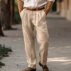 Sale OUKU Men's Linen Pants Trousers Summer Pants Pleated Pants Dress Slacks Front Pocket Straight Leg Plain Comfort Breathable Full Length Casual Daily Holiday Fashion Basic Black White