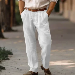 Sale OUKU Men's Linen Pants Trousers Summer Pants Pleated Pants Dress Slacks Front Pocket Straight Leg Plain Comfort Breathable Full Length Casual Daily Holiday Fashion Basic Black White