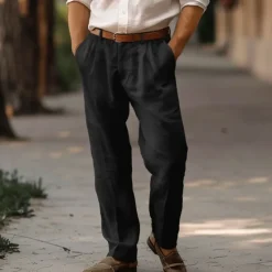 Sale OUKU Men's Linen Pants Trousers Summer Pants Pleated Pants Dress Slacks Front Pocket Straight Leg Plain Comfort Breathable Full Length Casual Daily Holiday Fashion Basic Black White