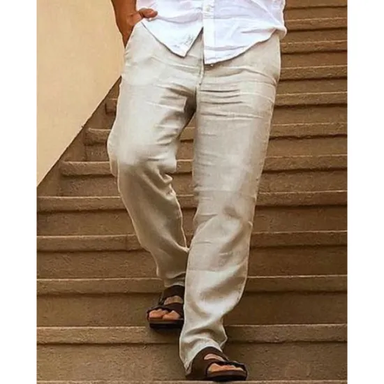 New OUKU Men's Linen Pants Trousers Summer Pants Drawstring Elastic Waist Plain Comfort Soft Daily Beach Fashion Simple Micro-elastic Khaki