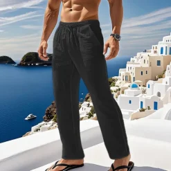 New OUKU Men's Linen Pants Trousers Summer Pants Beach Pants Pocket Drawstring Elastic Waist Plain Comfort Breathable Vacation Daily Holiday Hawaiian Boho ArmyGreen Black